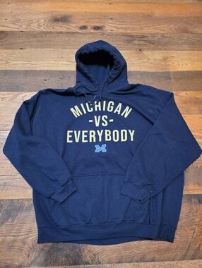 Gildan Navy Men's Hoodie with Yellow 'Michigan vs Everybody' and Blue Men 3XL